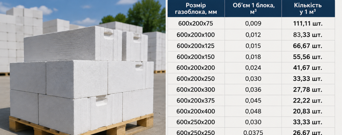 скільки газоблоків у 1 м³